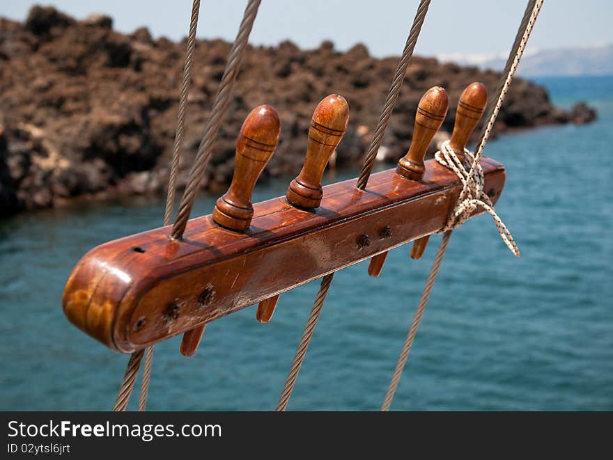 Wooden sail ship rigging with selective focus