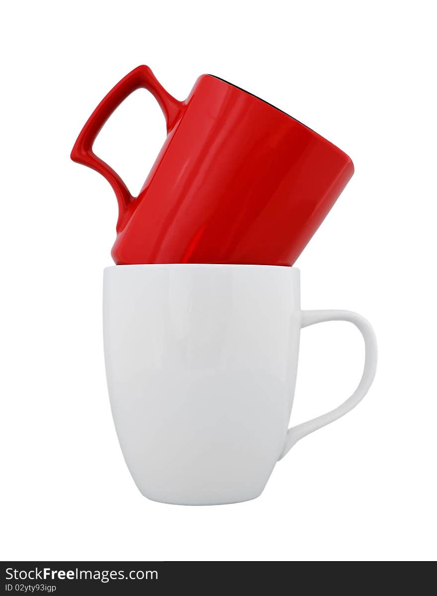 Empty white and red cup on a white background. Empty white and red cup on a white background