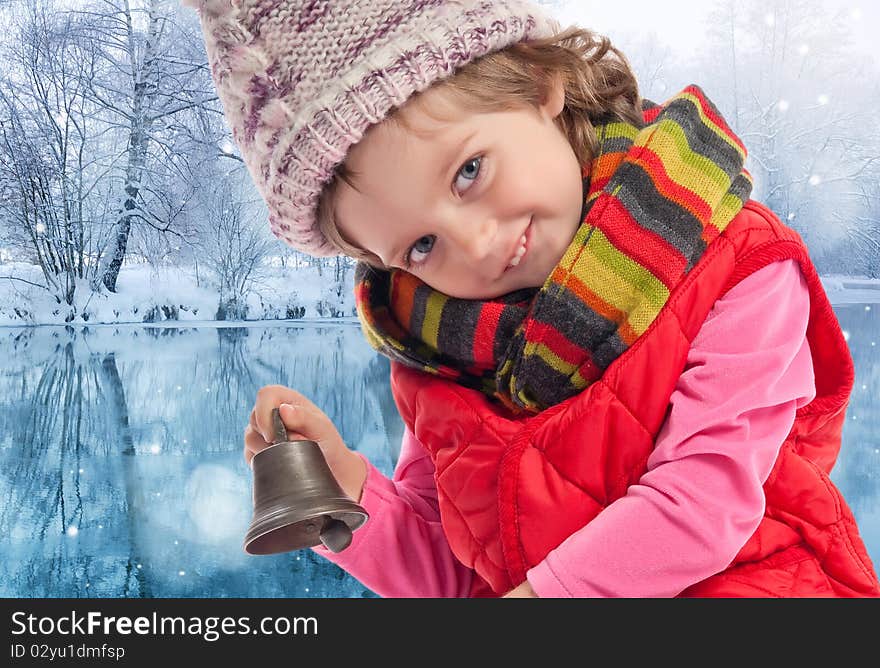 girl three years old with christmas bell. girl three years old with christmas bell