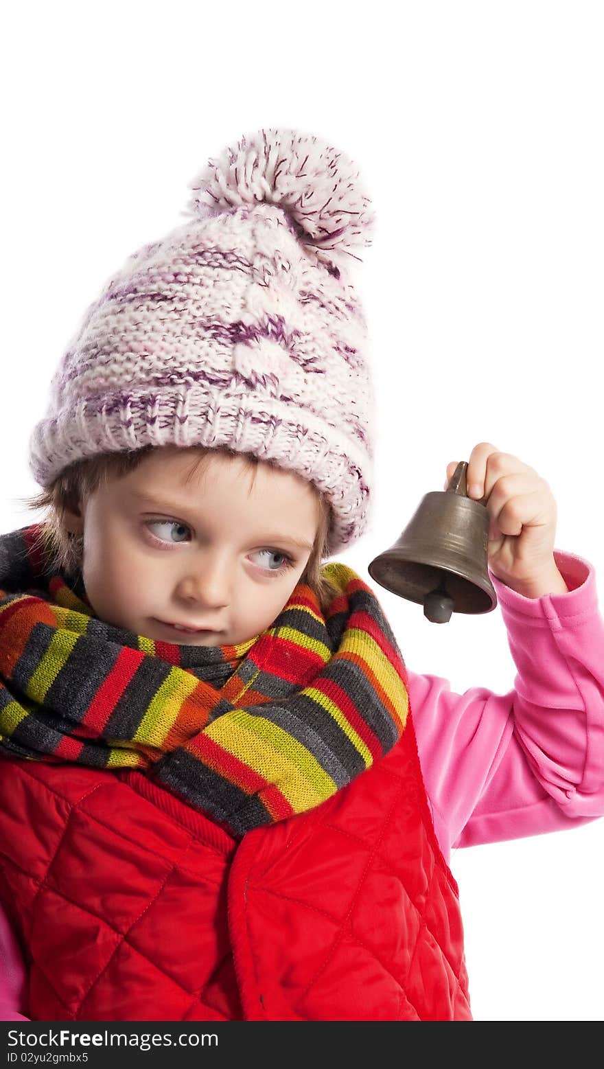 Girl three years old with christmas bell isolated on white. Girl three years old with christmas bell isolated on white