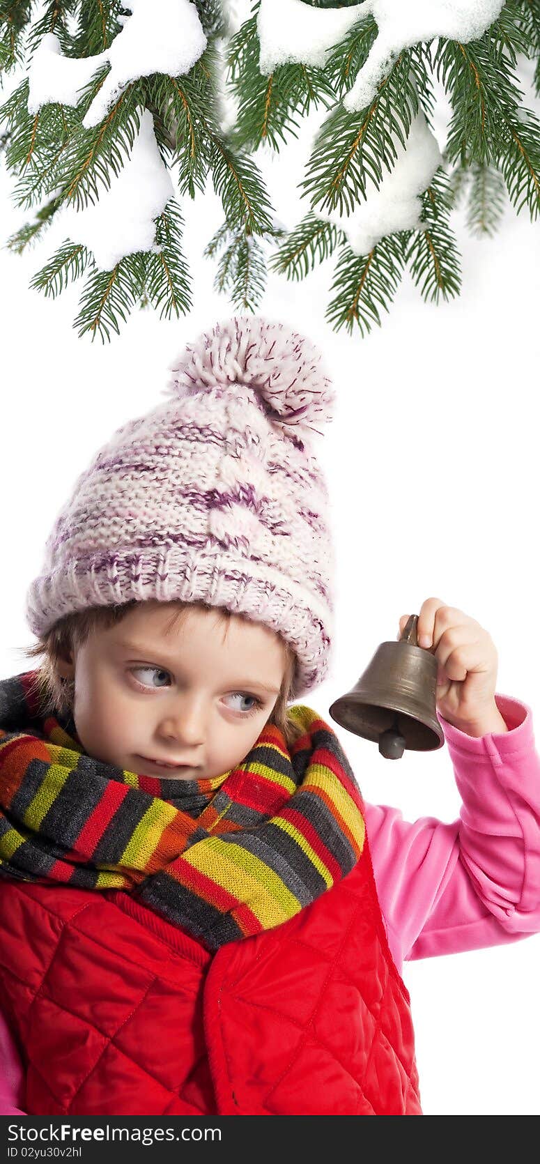 Little girl  with christmas bell and fir tree isolated. Little girl  with christmas bell and fir tree isolated