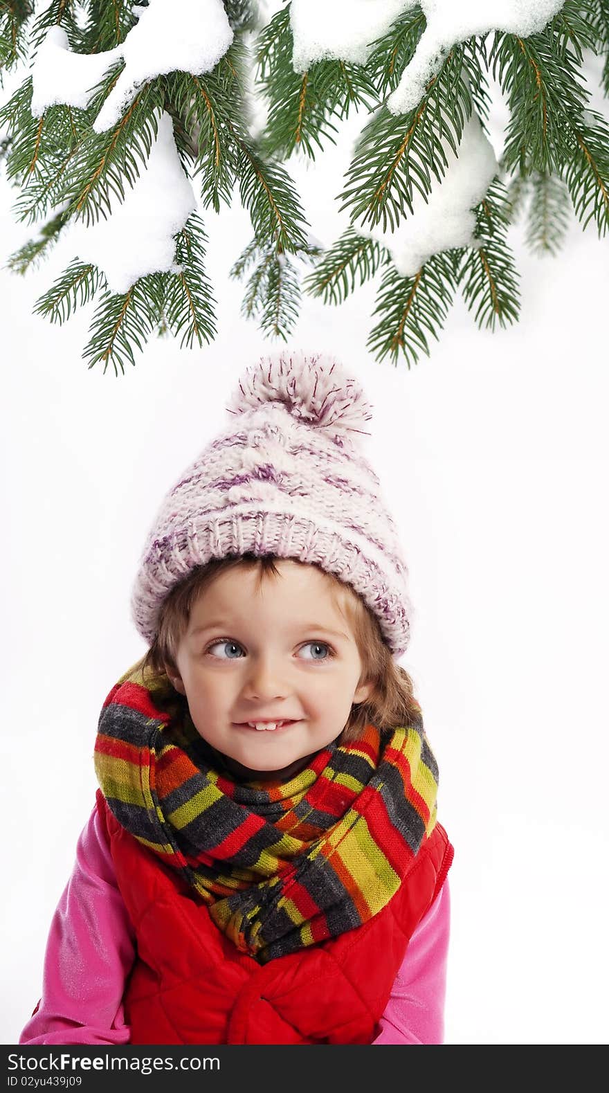 Three years old little girl wearing winter clothes and spruce tree isolated