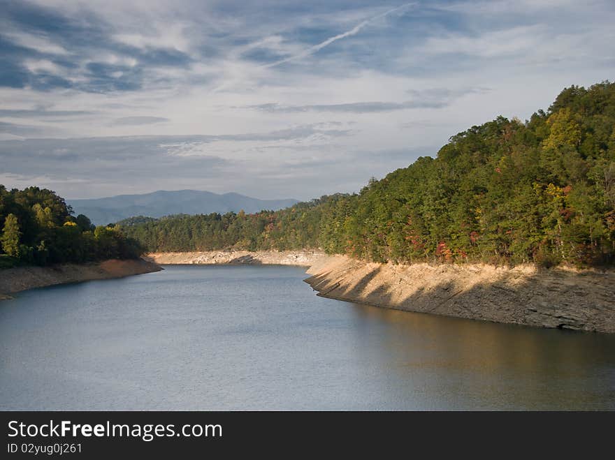 Fall scene with Nantahala River flowing through Nantahala National Forest