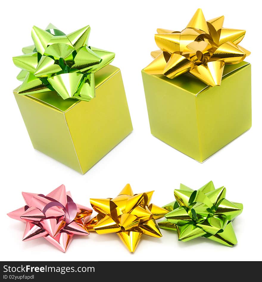 Two green gift box with color ribbons. Two green gift box with color ribbons