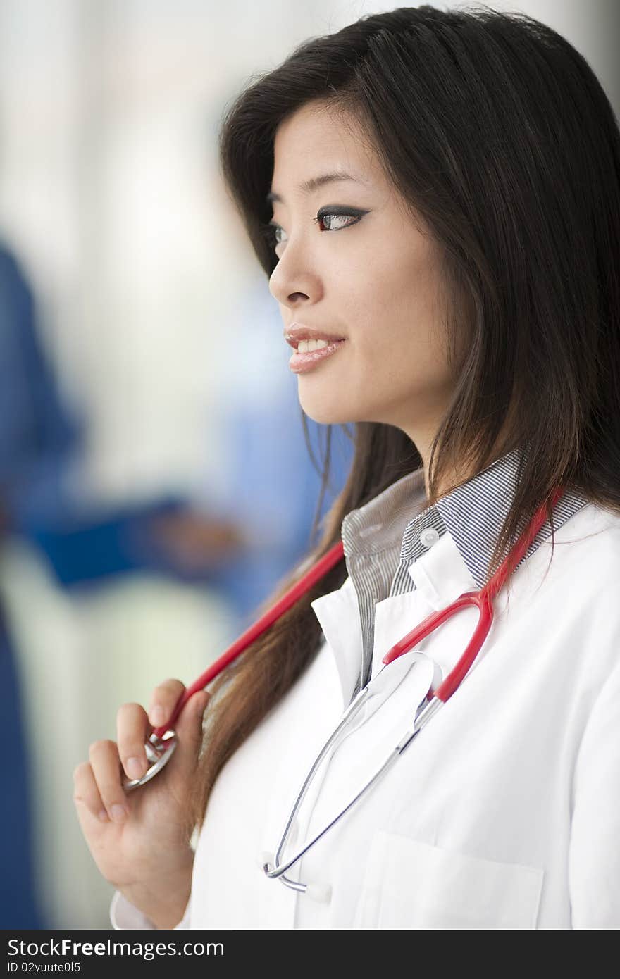 Chinese female doctor, surgeons on backgrounds