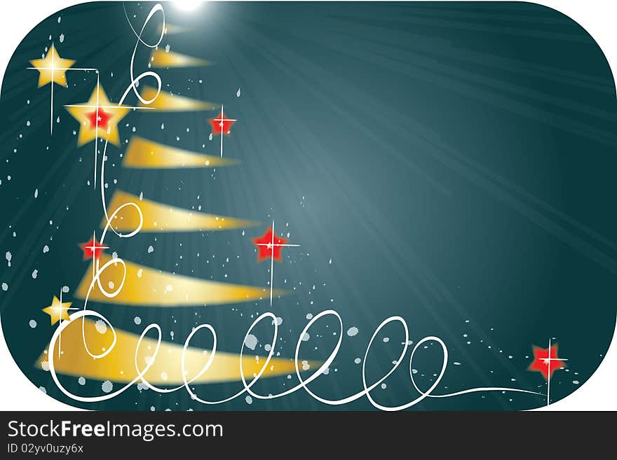 Gold Christmas tree with red and gold stars on a dark green background. Gold Christmas tree with red and gold stars on a dark green background