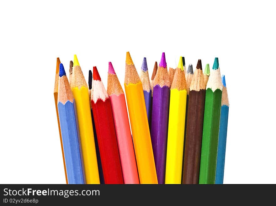 Colorful pencils on focus isolated on white background