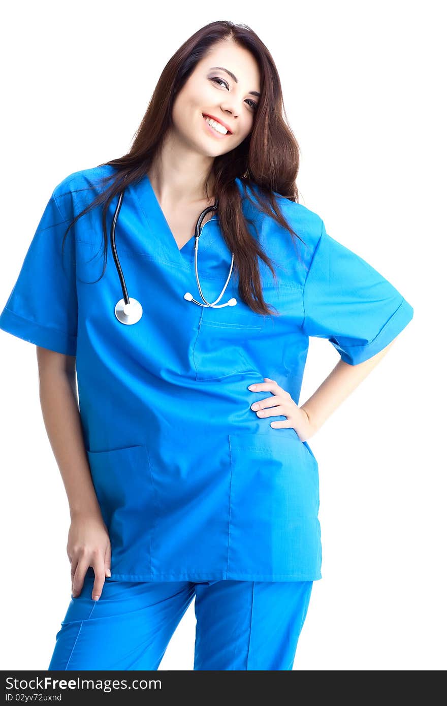 Woman doctor in uniform on white background