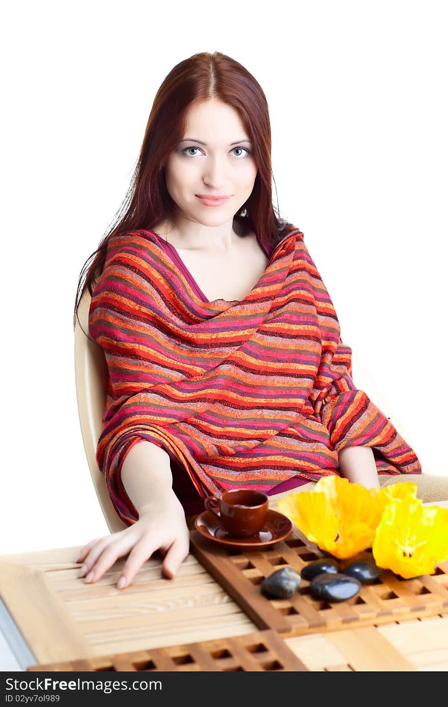 Beautiful woman  in cafe over white background with fair hair