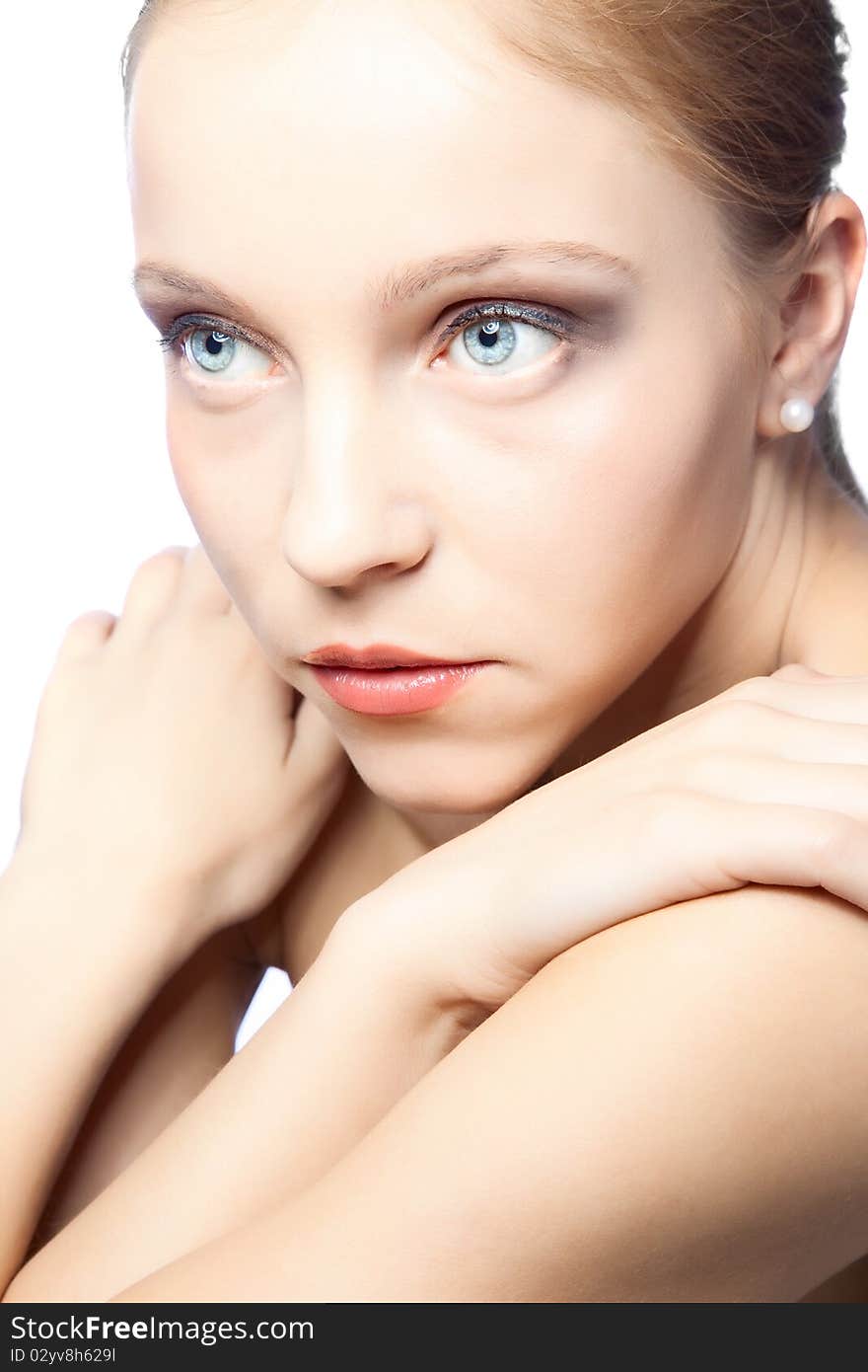 Fine portrait beautiful woman over white background. Fine portrait beautiful woman over white background