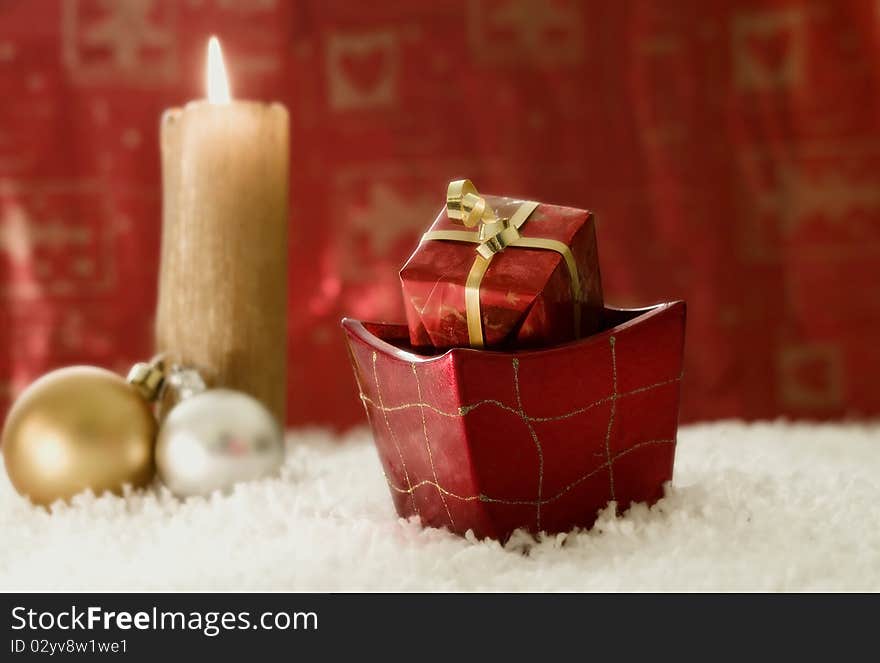 Christmas gift box with candle,. Christmas gift box with candle,