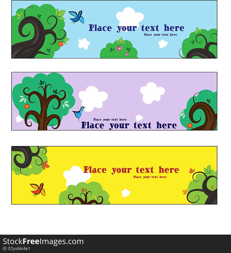 A set of cards on a background of trees and birds. A set of cards on a background of trees and birds