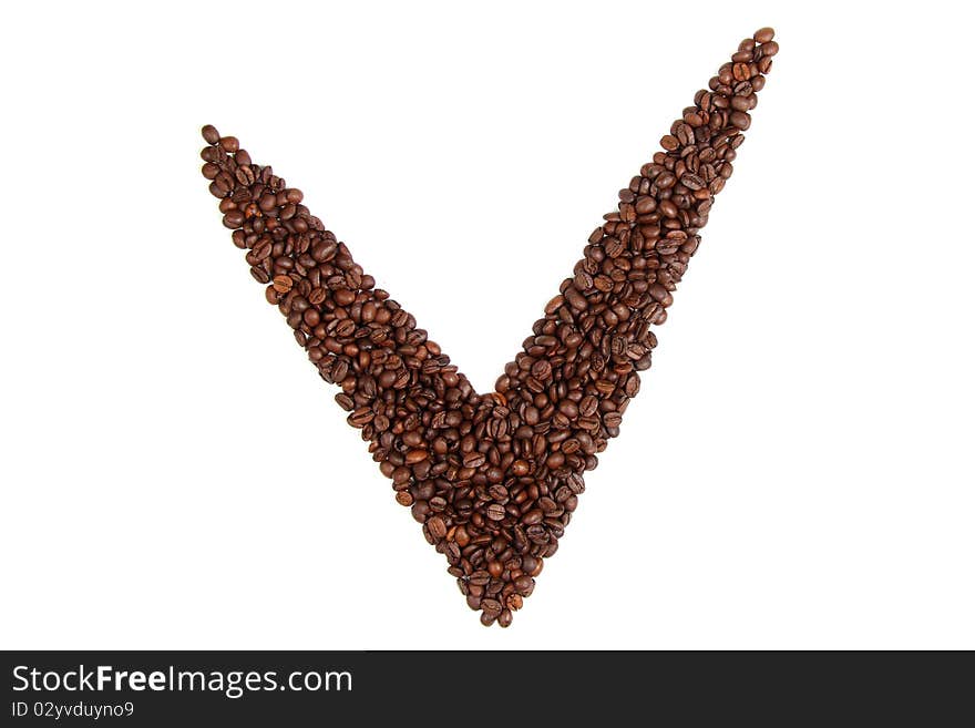 Checkmark from coffee beans on white background