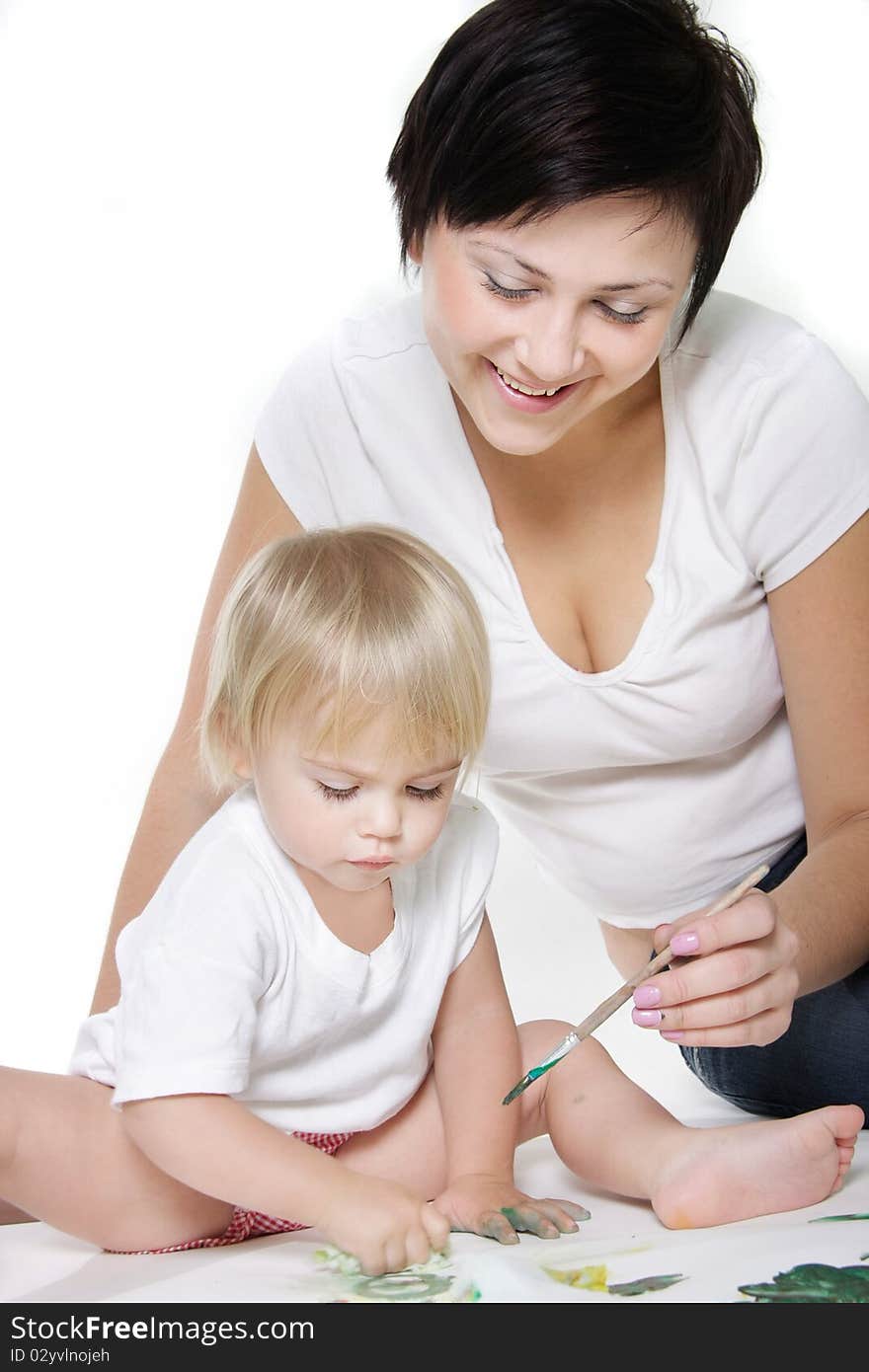 Mother and child painting over white