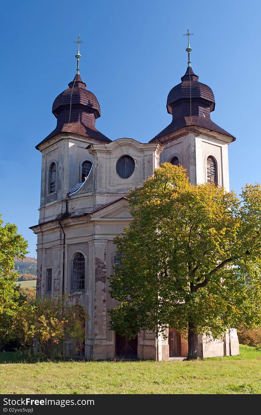 Baroque chapel during the autumn time, sunny day.