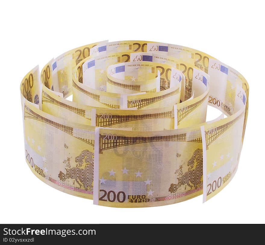 Spiral of 200 euro banknotes on the white