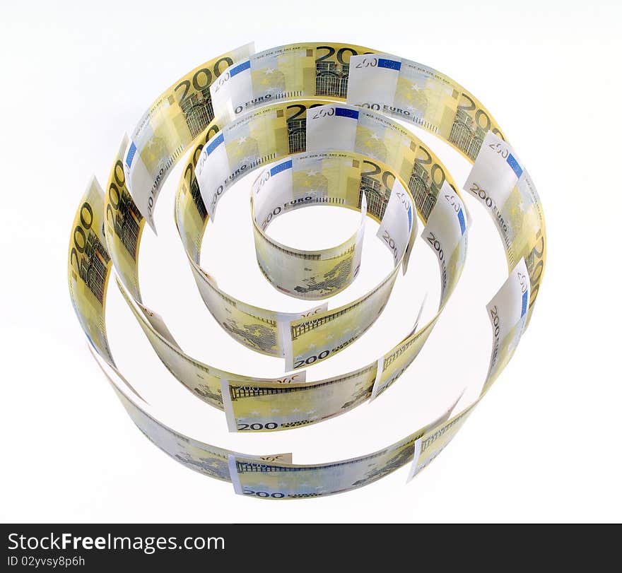 Spiral of 200 euro banknotes on the white