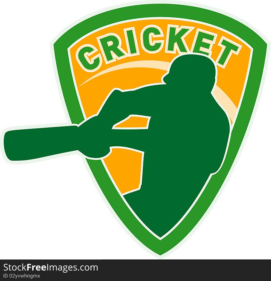 Illustration of a cricket sports player batsman silhouette batting set inside shield