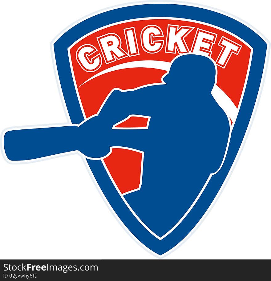 Illustration of a cricket sports player batsman silhouette batting set inside shield