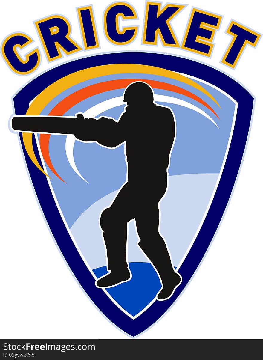 Illustration of a cricket sports player batsman silhouette batting set inside shield with words cricket