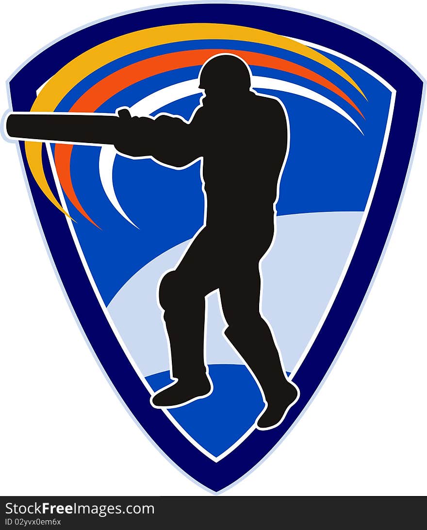 Illustration of a cricket sports player batsman silhouette batting set inside shield