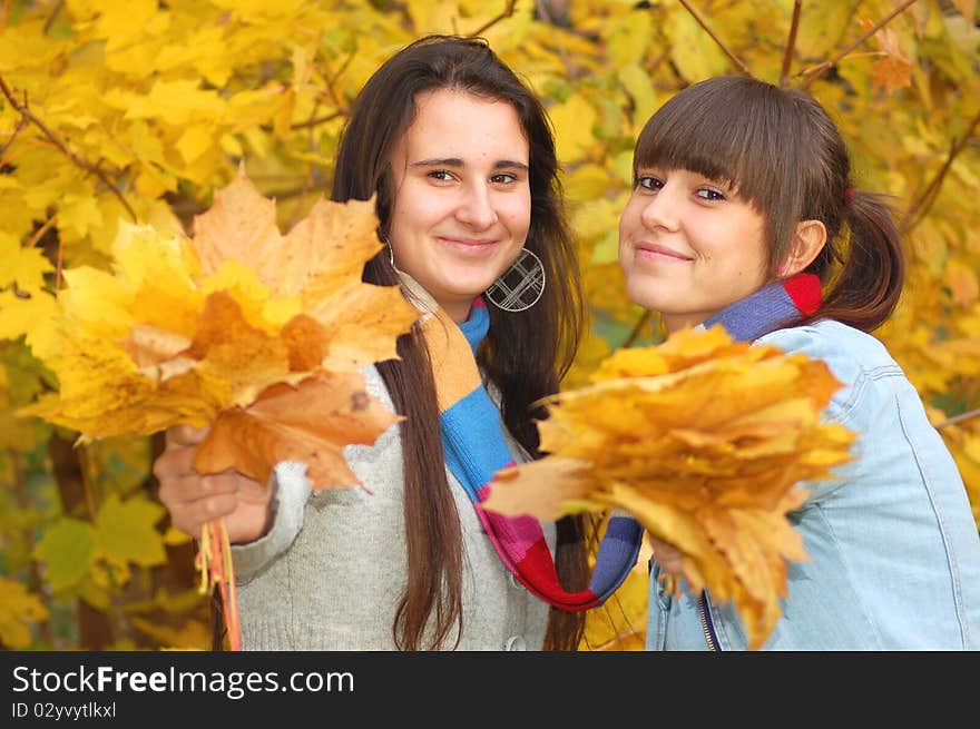 Two sisters in autumn scenery. Two sisters in autumn scenery