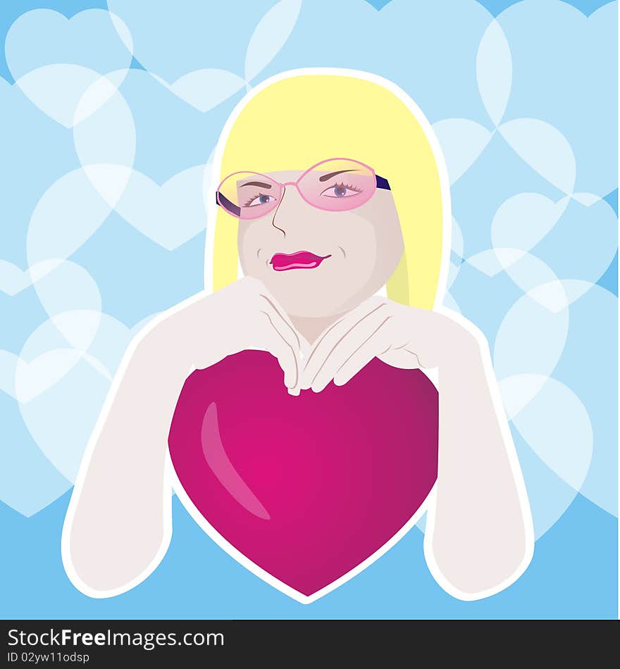 Illustration girl in glasses with a heart on a blue background