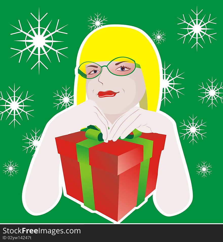 Illustration girl with glasses and with gift boxt on a on a green background with snowflakes