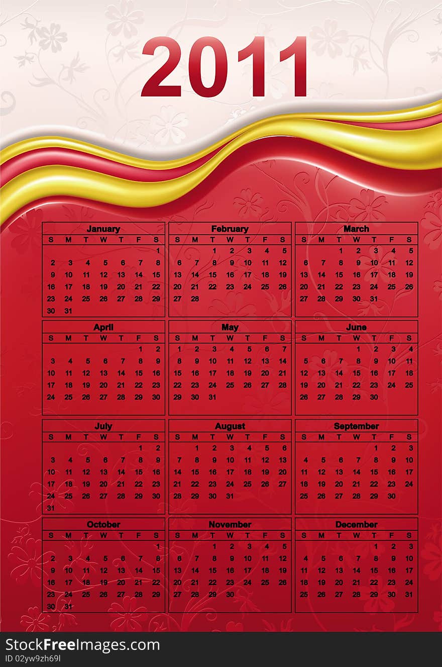 Colorful Calendar for Year 2011, week starts on Sunday.