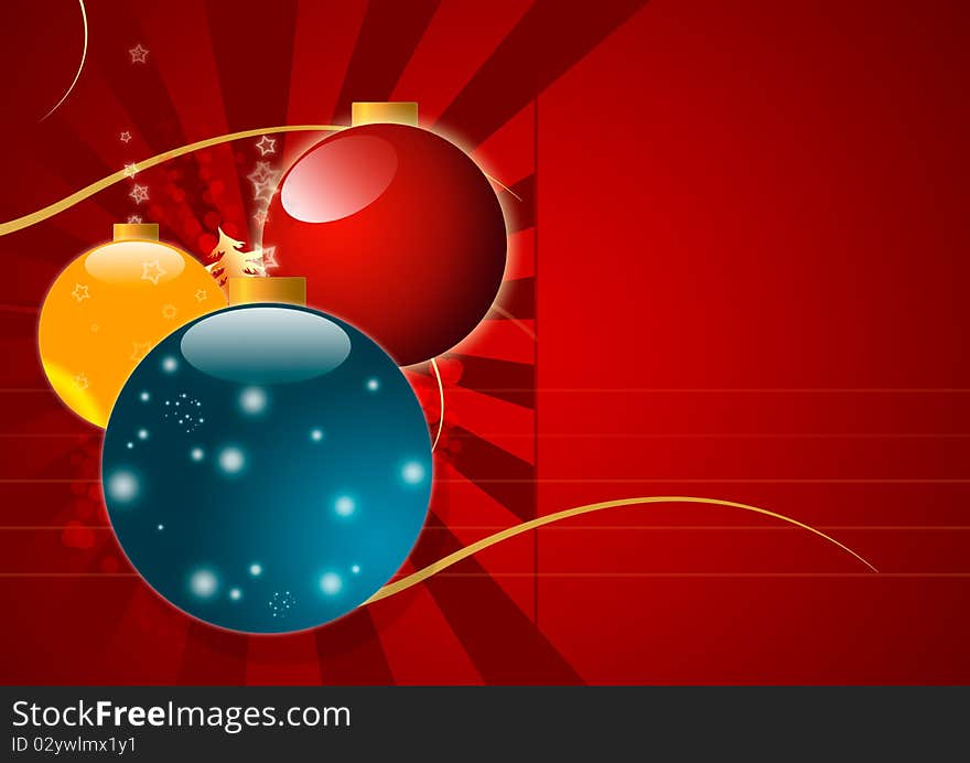 A red Christmas background with glowing balls and copy space