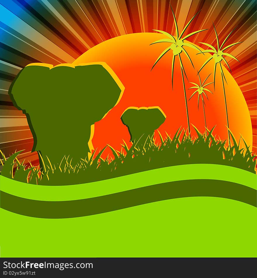 Illustration, elephants in savannah on background of the sundown. Illustration, elephants in savannah on background of the sundown