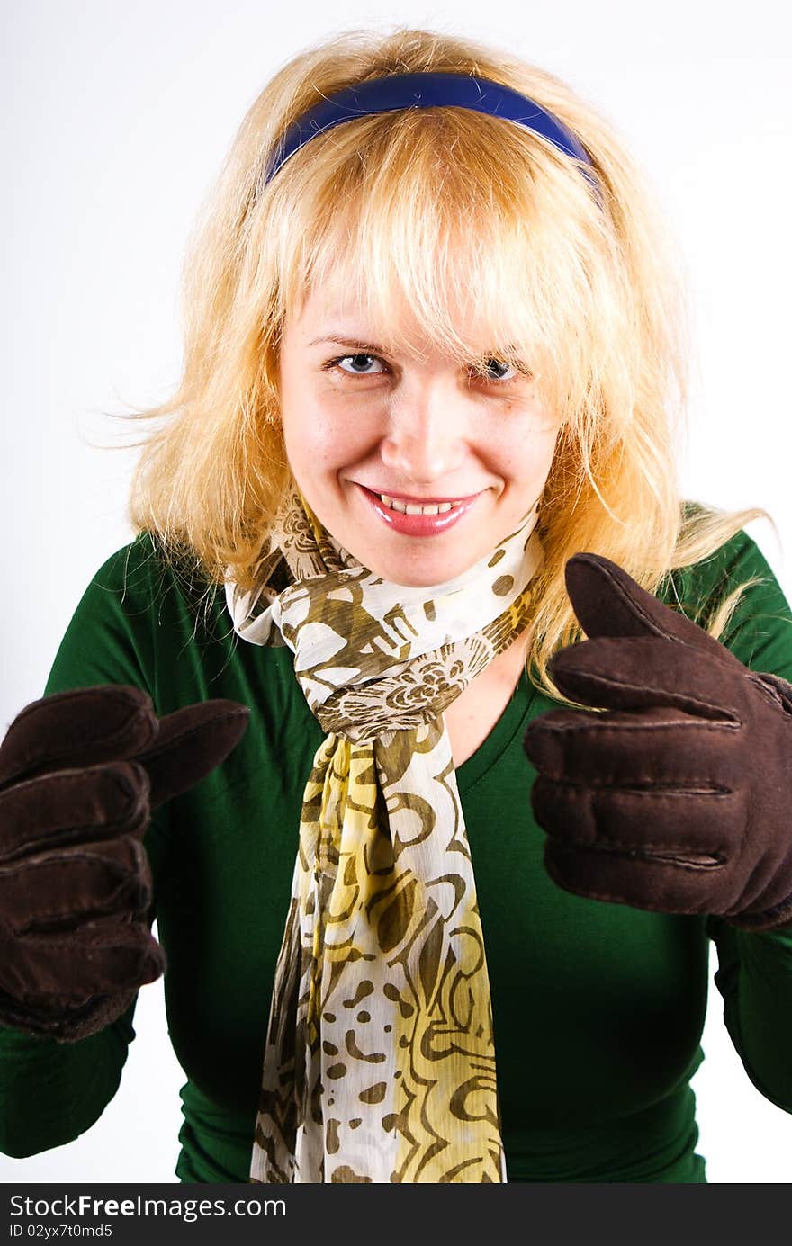 Attractive blonde with brown warm gloves