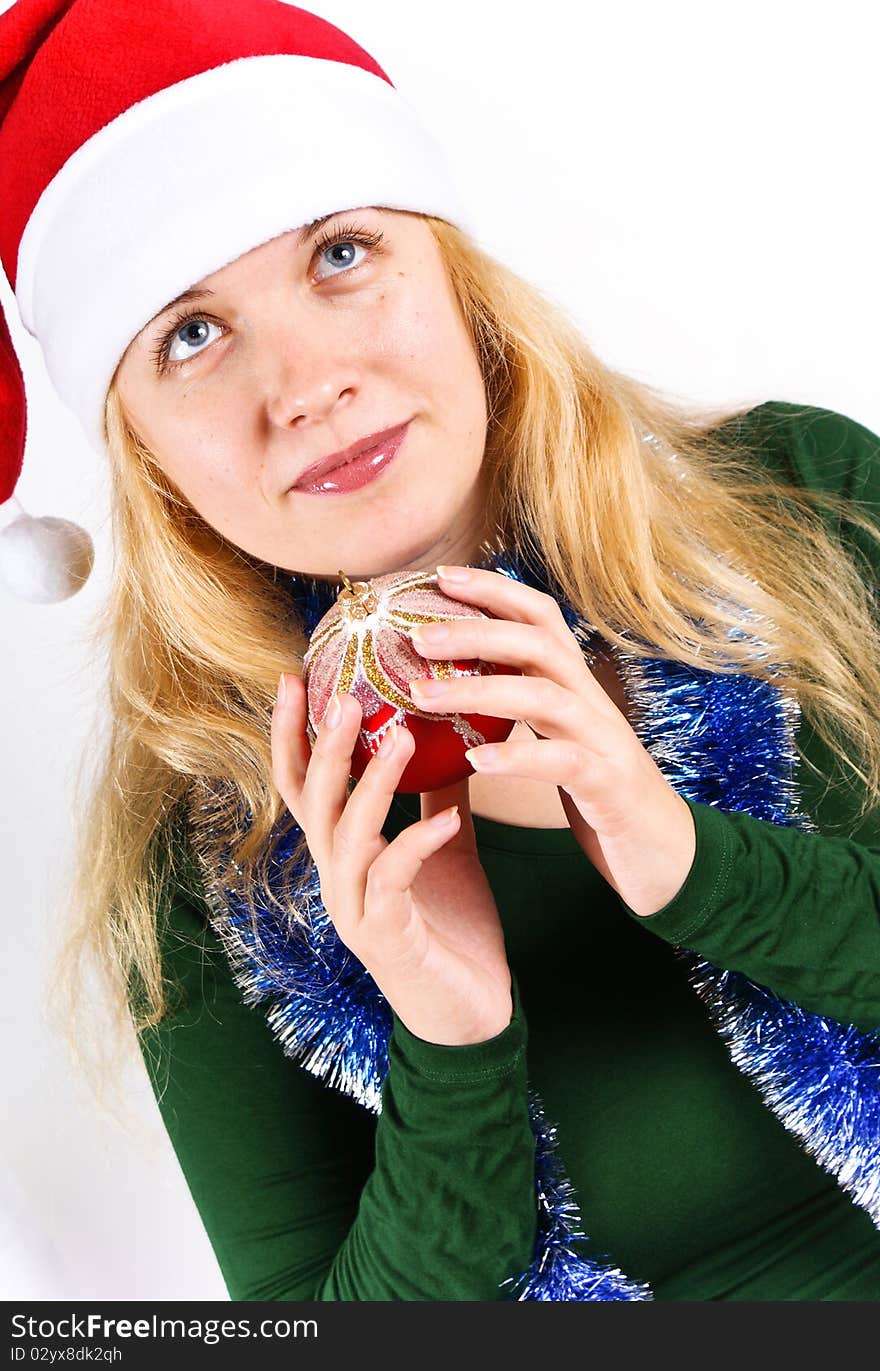 Christmas ball end beautiful Girl on white background