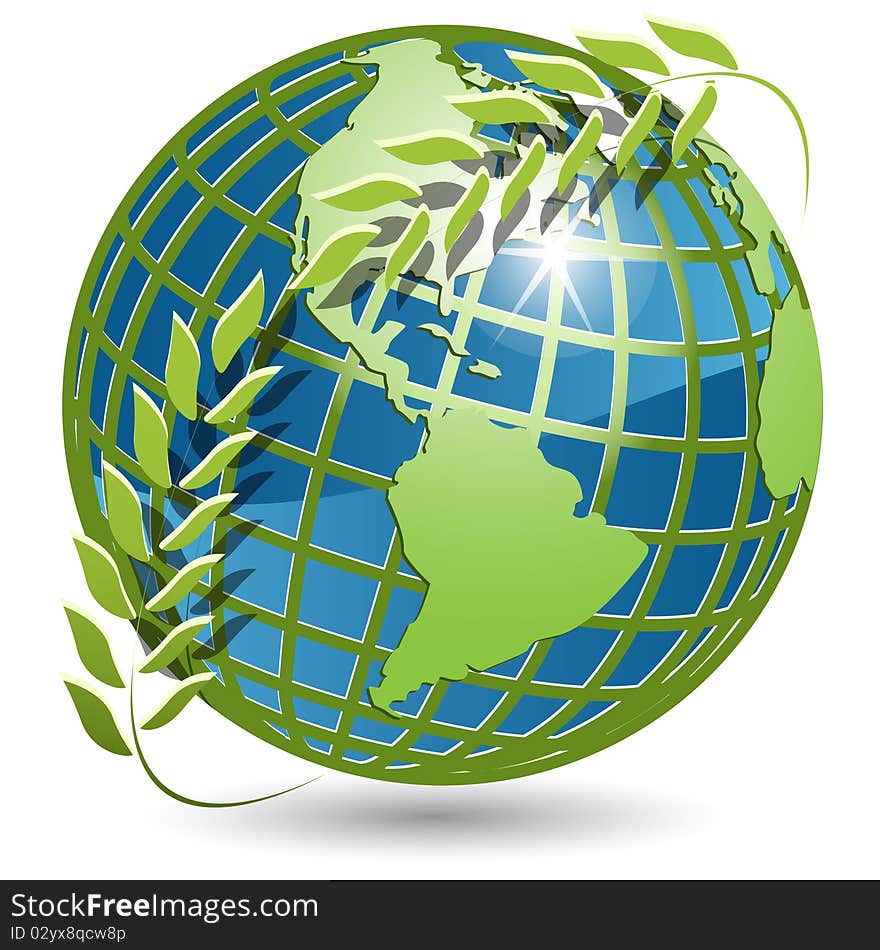 Illustration, globe in green wreath on white background. Illustration, globe in green wreath on white background