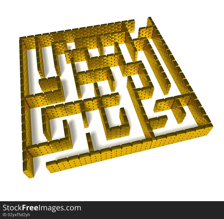 Maze from gold ingot on white background. Maze from gold ingot on white background