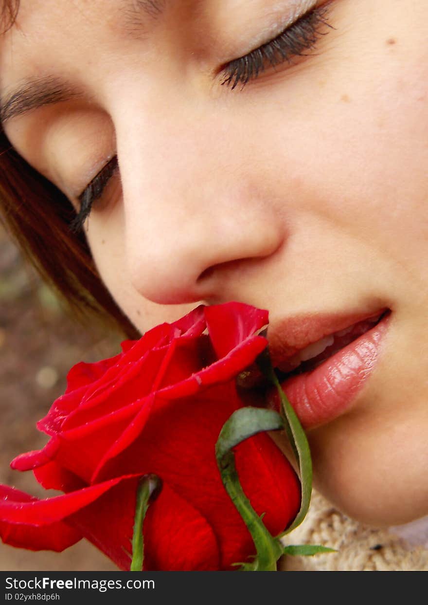 Red rose and girl. Romantic design.