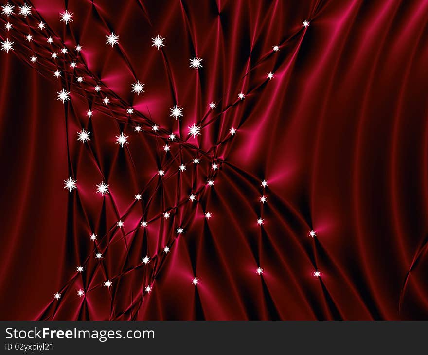 Red silky christmas background with lines, curves and stars