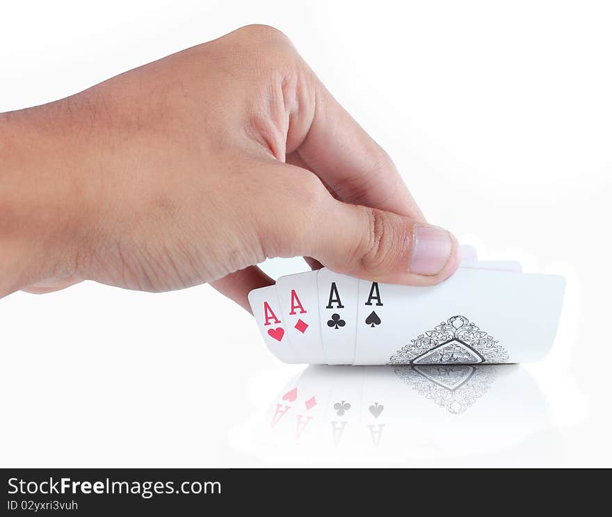 Gesture of hand open four aces card