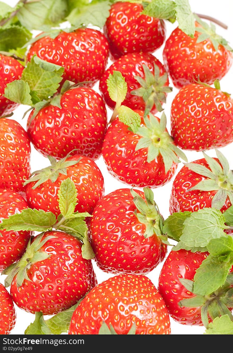 Strawberry with green leaf on white background