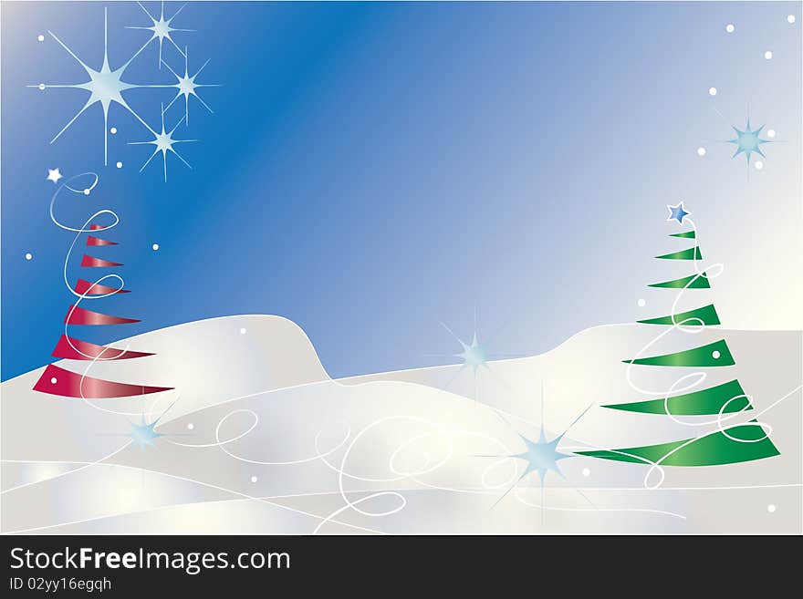 Two Christmas trees on a background of snow with blue sky and snowflakes. Two Christmas trees on a background of snow with blue sky and snowflakes