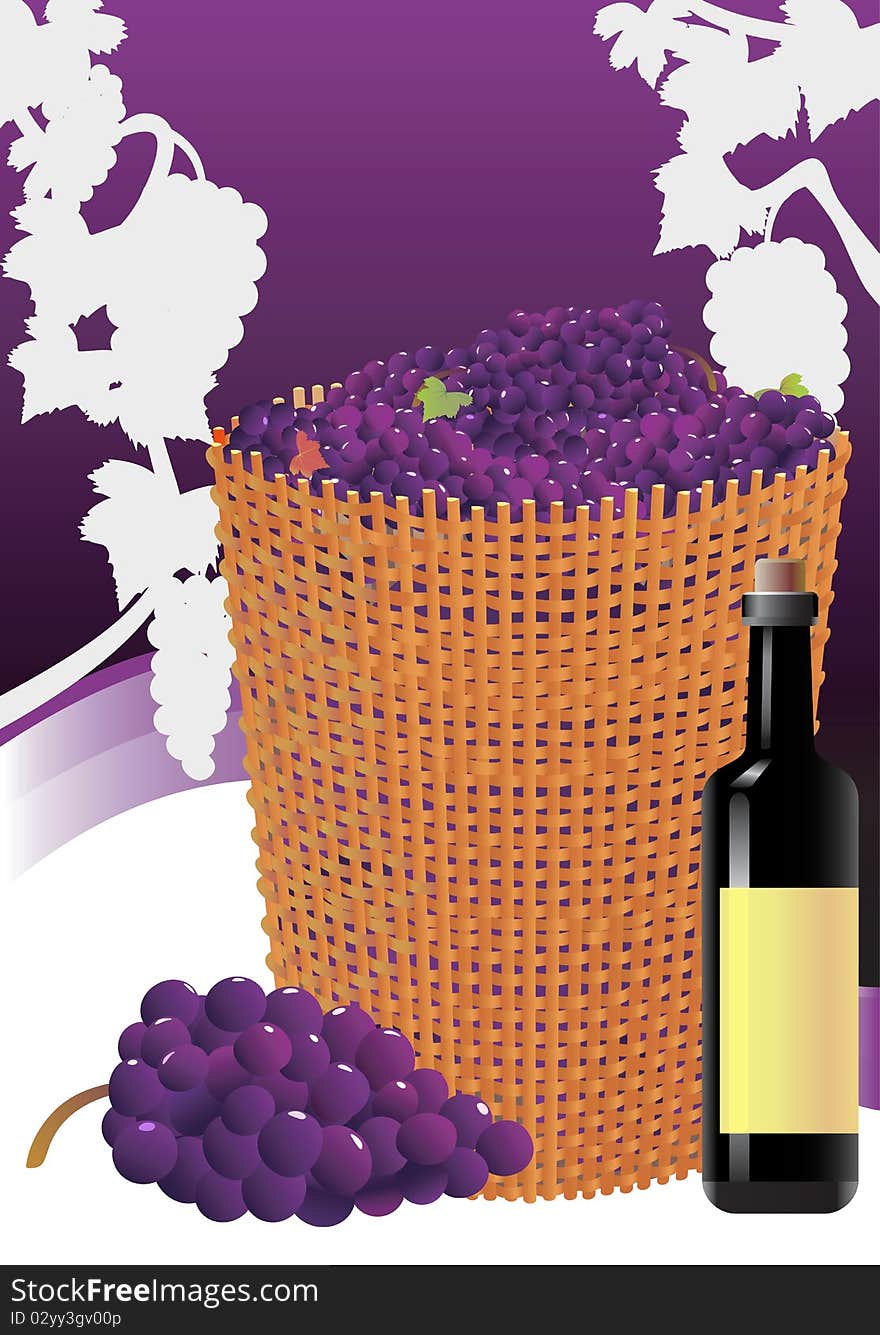 Abstract background with vines, bottle and grapes in detailed basket. Abstract background with vines, bottle and grapes in detailed basket.