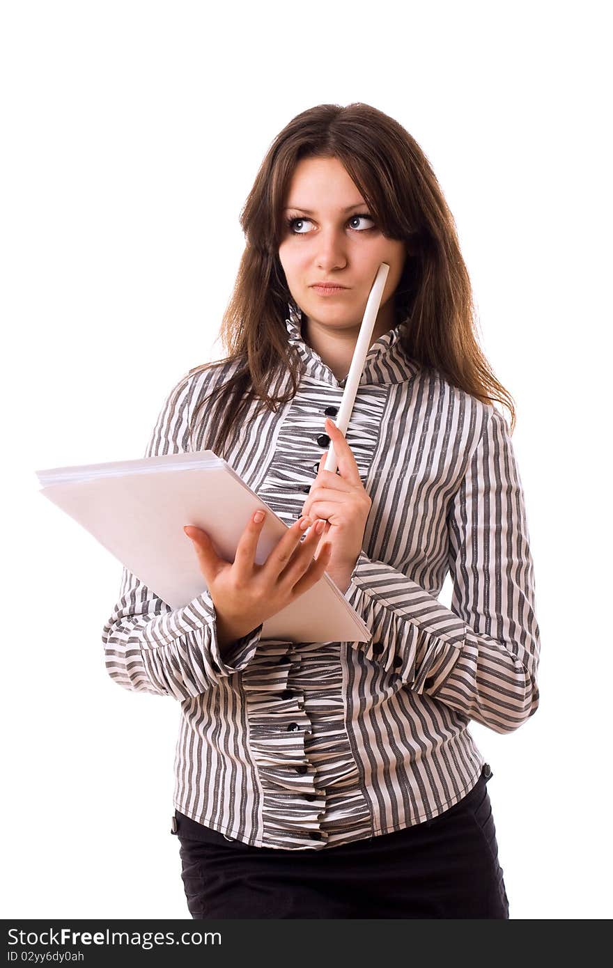 Beautiful Girl With Pen And Paper Thinking