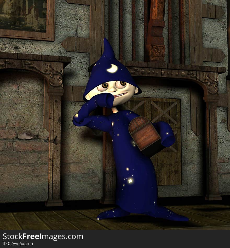 3d rendering of the little magician, who steals a treasure as illustration. 3d rendering of the little magician, who steals a treasure as illustration