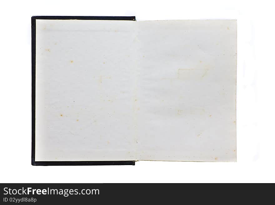 Back of black cover and first page of old book isolated on white. Back of black cover and first page of old book isolated on white
