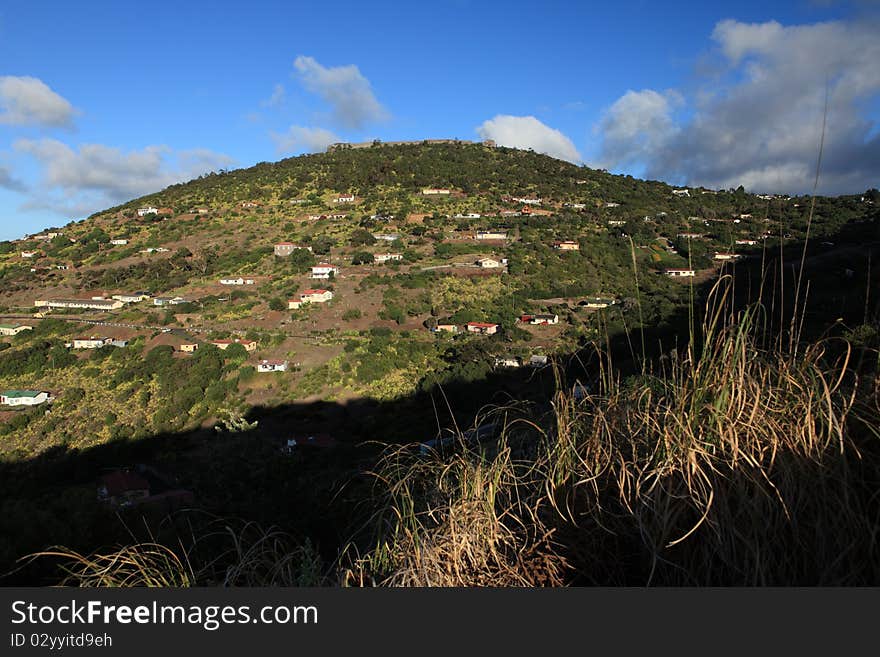 A view of High Knoll Fort at the top of Half Tree Hollow. This is one of the largest residential districts on St Helena taken from the Sapperway district. A view of High Knoll Fort at the top of Half Tree Hollow. This is one of the largest residential districts on St Helena taken from the Sapperway district.