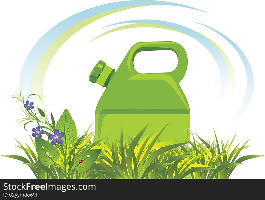 Petrol canister among grass and flowers. Illustration