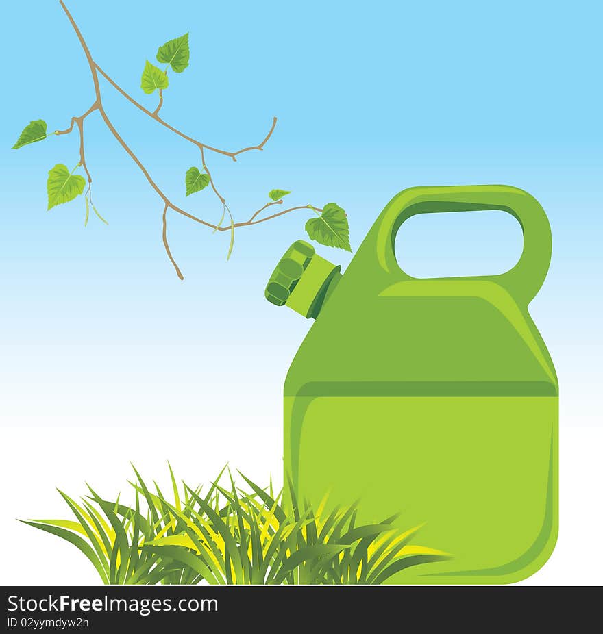 Petrol canister and birch sprig with grass. Illustration