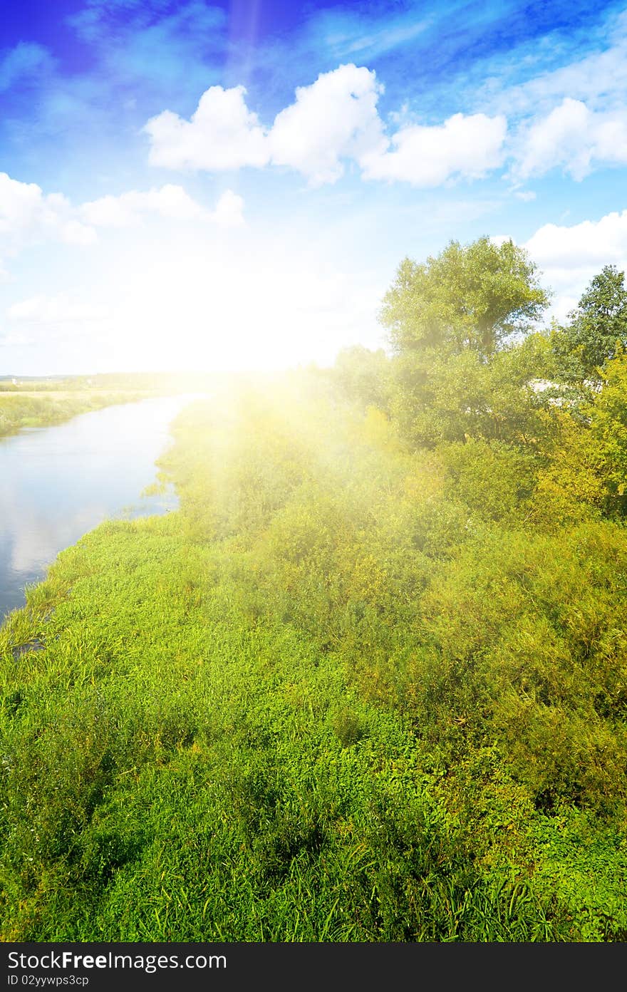 Blue River, Cloud Sky, Green Shores