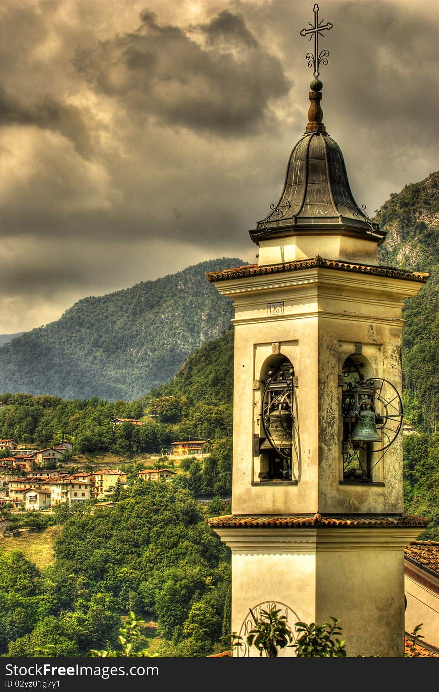 An old bell tower situated in the hills of Lombardy northern Italy