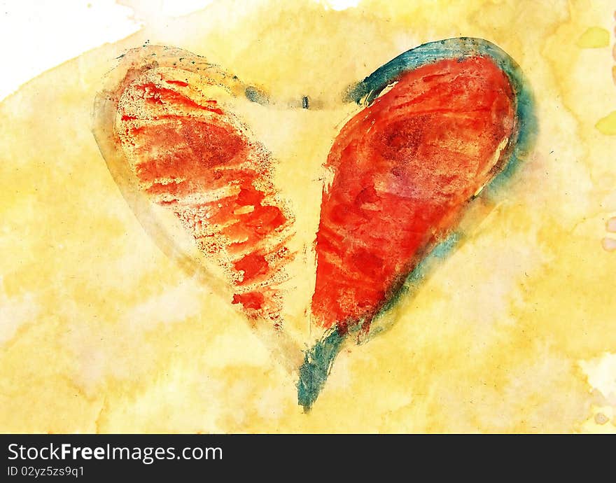 Watercolor mono-type of an abstract lovely heart. Watercolor mono-type of an abstract lovely heart